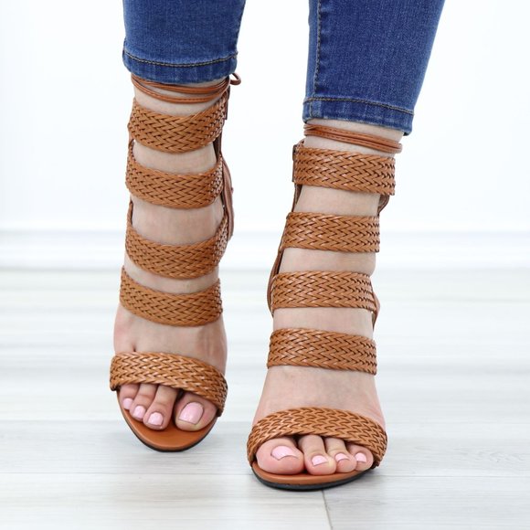 Glam Gladiator Style Strappy Brown High Heel Stiletto Sandals - Picture 9 of 12